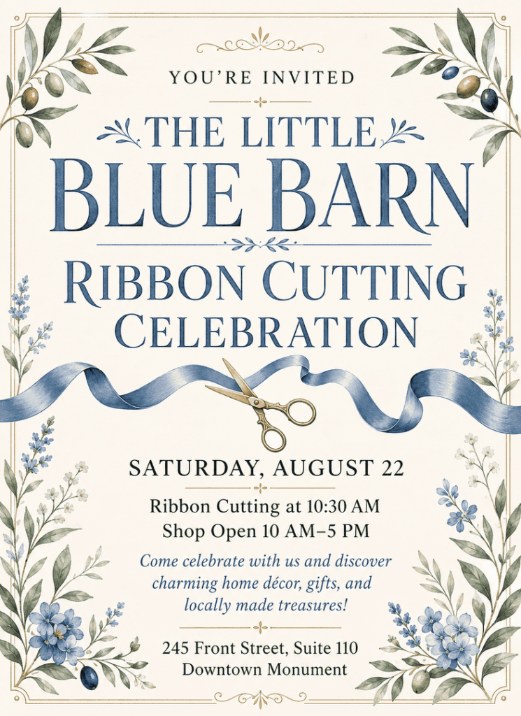 You’re invited to The Little Blue Barn ribbon cutting celebration, one of Our Events featuring charming blue flowers, a festive ribbon, and scissors graphic. Join us Saturday, August 22 at 10:30 AM, 245 Front Street, Suite 110.